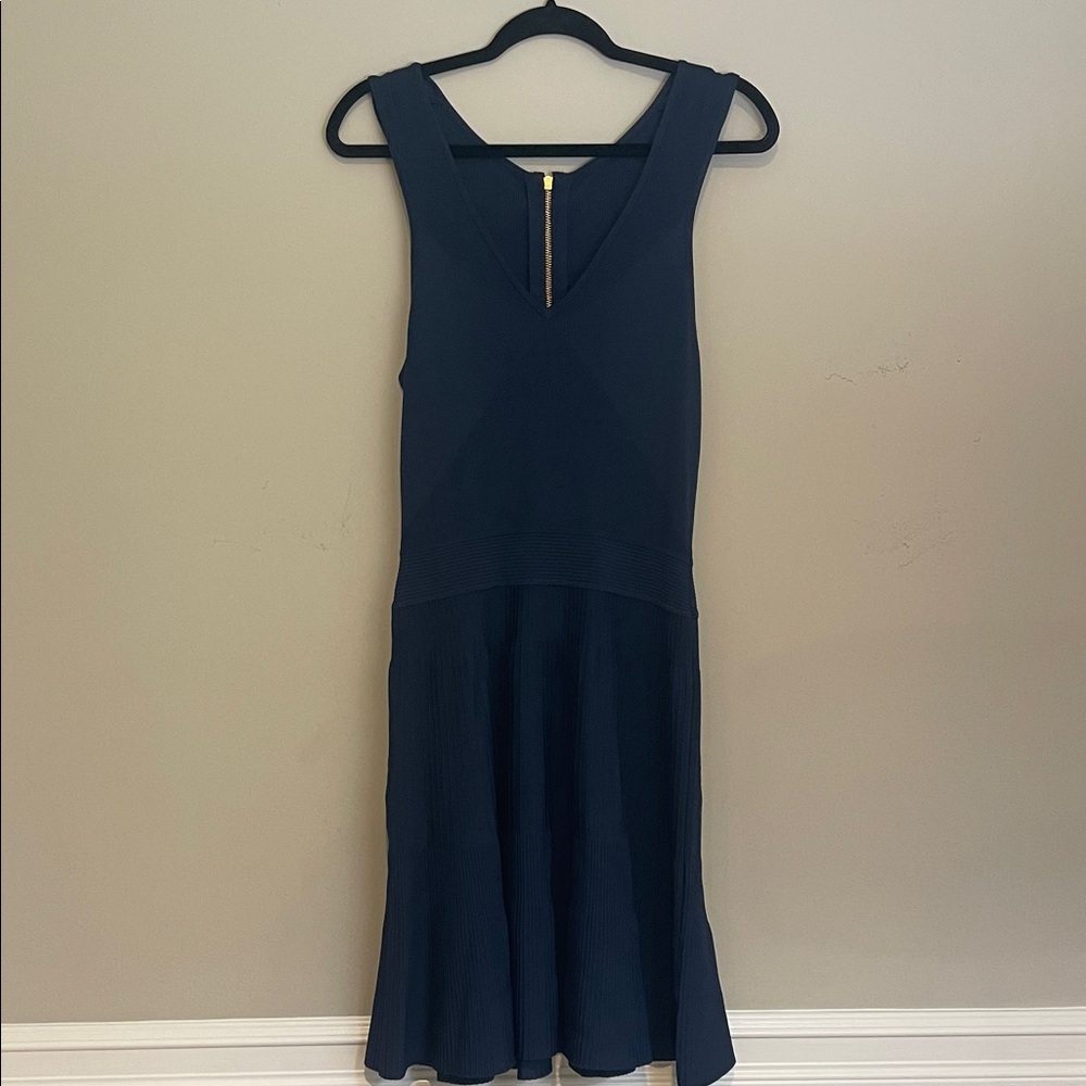 Milly Navy V-Neck Sleeveless fit and flare Midi Dress